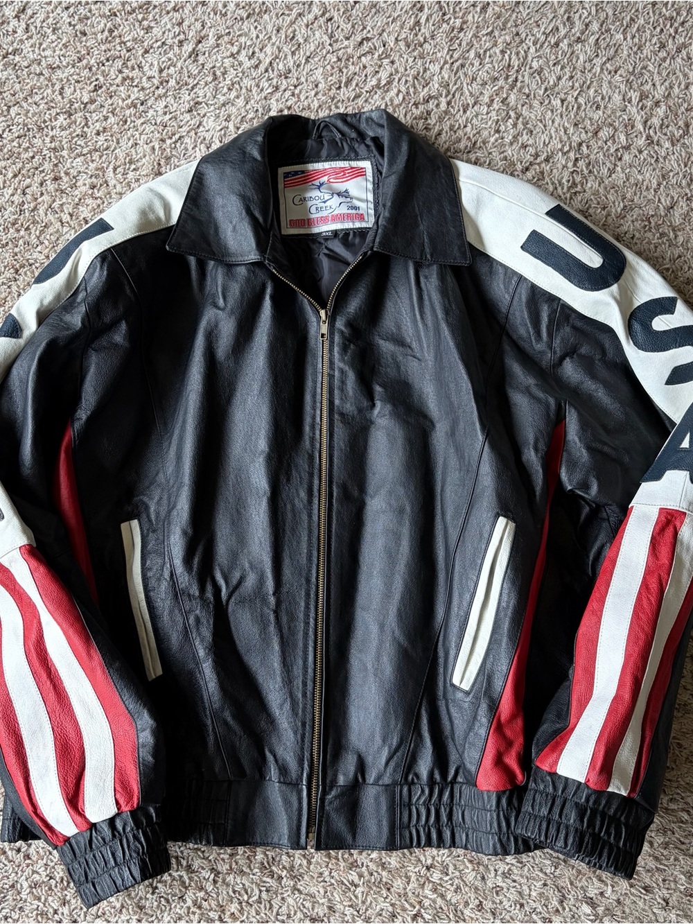 Black USA Stripe Leather Jacket - Classic Men's Bomber